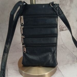 Genuine Leather Black Crossbody Phone Bag with Zipper Accents